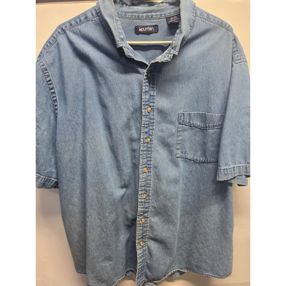 Puritan Mens 2XL Short Sleeve Denim Button Down Shirt Blue Medium Wash Cotton
